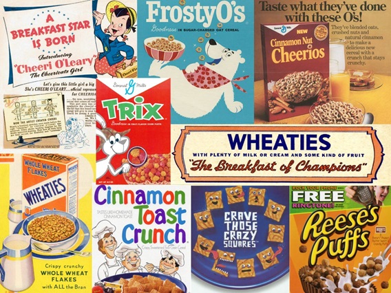 A colorful collage of vintage and retro General Mills cereal boxes and advertisements. The image features classic designs for Cheerioats, Frosty O's, Trix with the Trix Rabbit, Cinnamon Nut Cheerios, Wheaties, Cinnamon Toast Crunch, and Reese's Puffs, showcasing the evolution of the brands' packaging and mascots over the years.