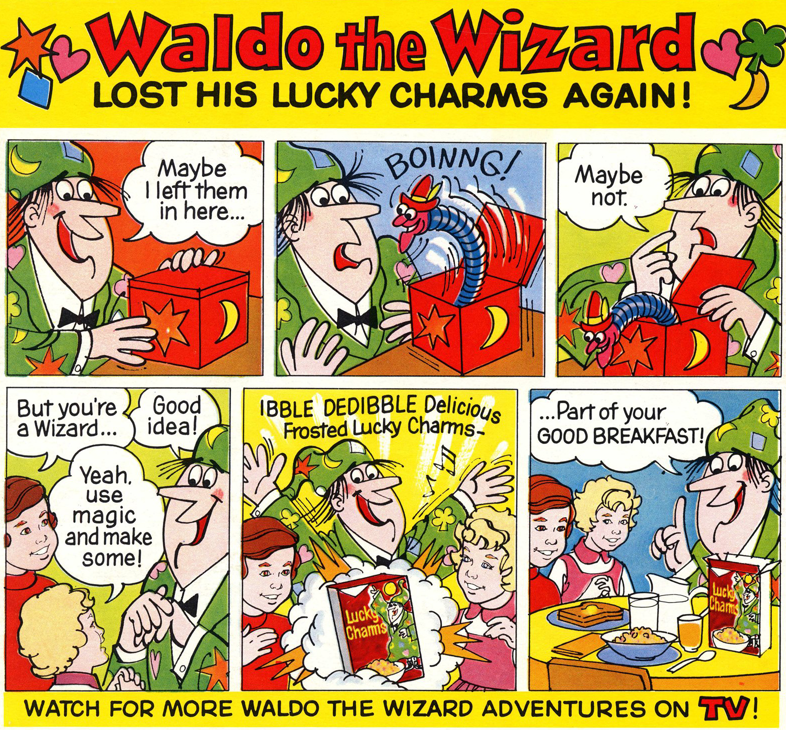 A vintage comic strip advertisement for Lucky Charms cereal titled "Waldo the Wizard Lost His Lucky Charms Again!" The six-panel comic shows Waldo the Wizard magically producing a box of Lucky Charms to share with children for breakfast.